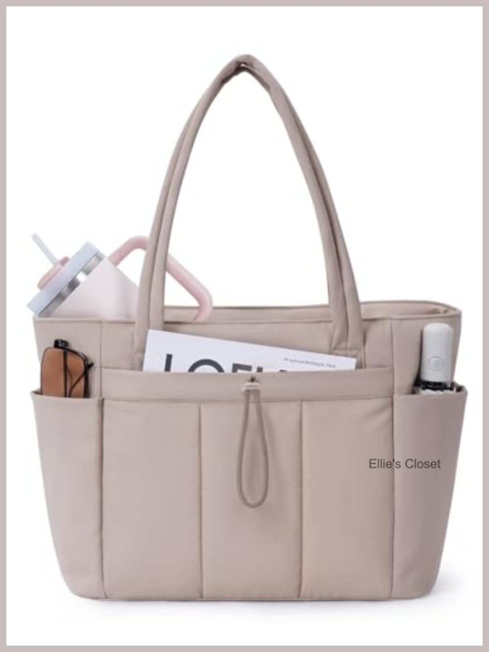 Puffer Tote Bag with 40oz Tumbler Pocket, Large 20L Travel Tote, Work Tote